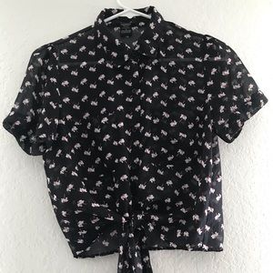 See through flower patter crop top tie detail